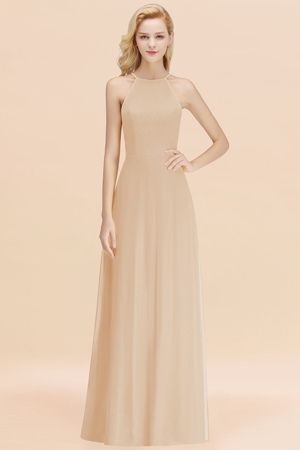 Modest High-Neck Yellow Chiffon Affordable Bridesmaid Dresses Online