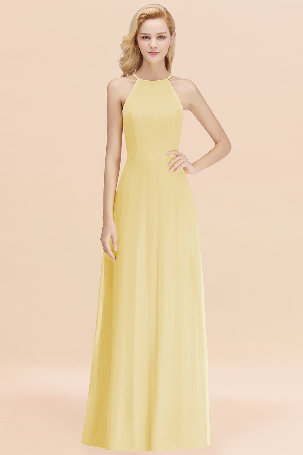 Modest High-Neck Yellow Chiffon Affordable Bridesmaid Dresses Online