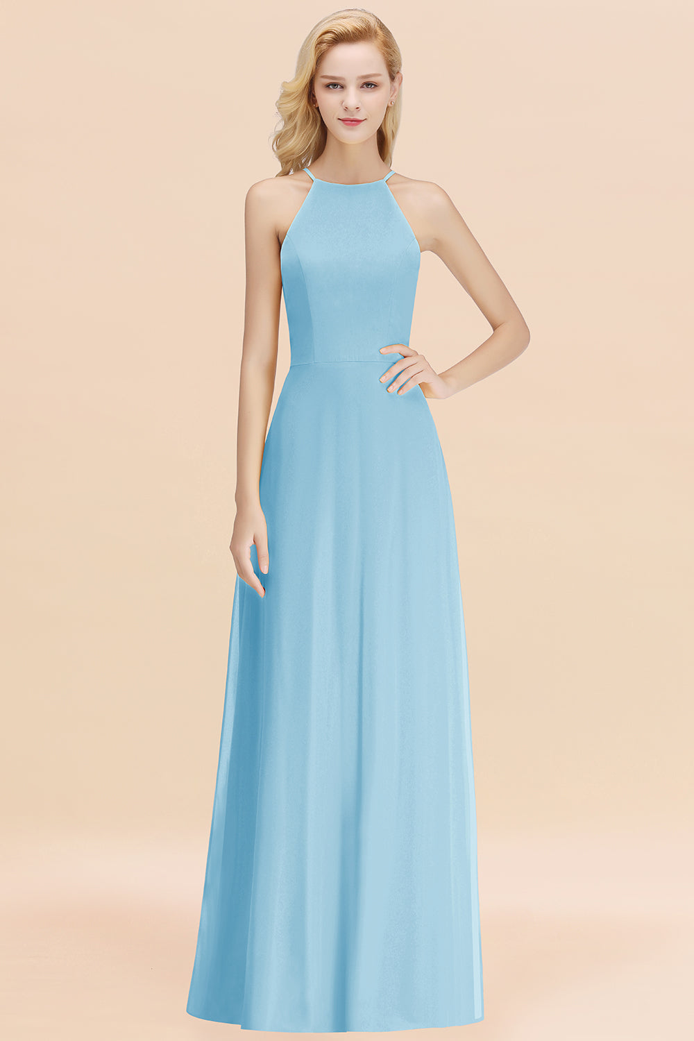 Modest High-Neck Yellow Chiffon Affordable Bridesmaid Dresses Online