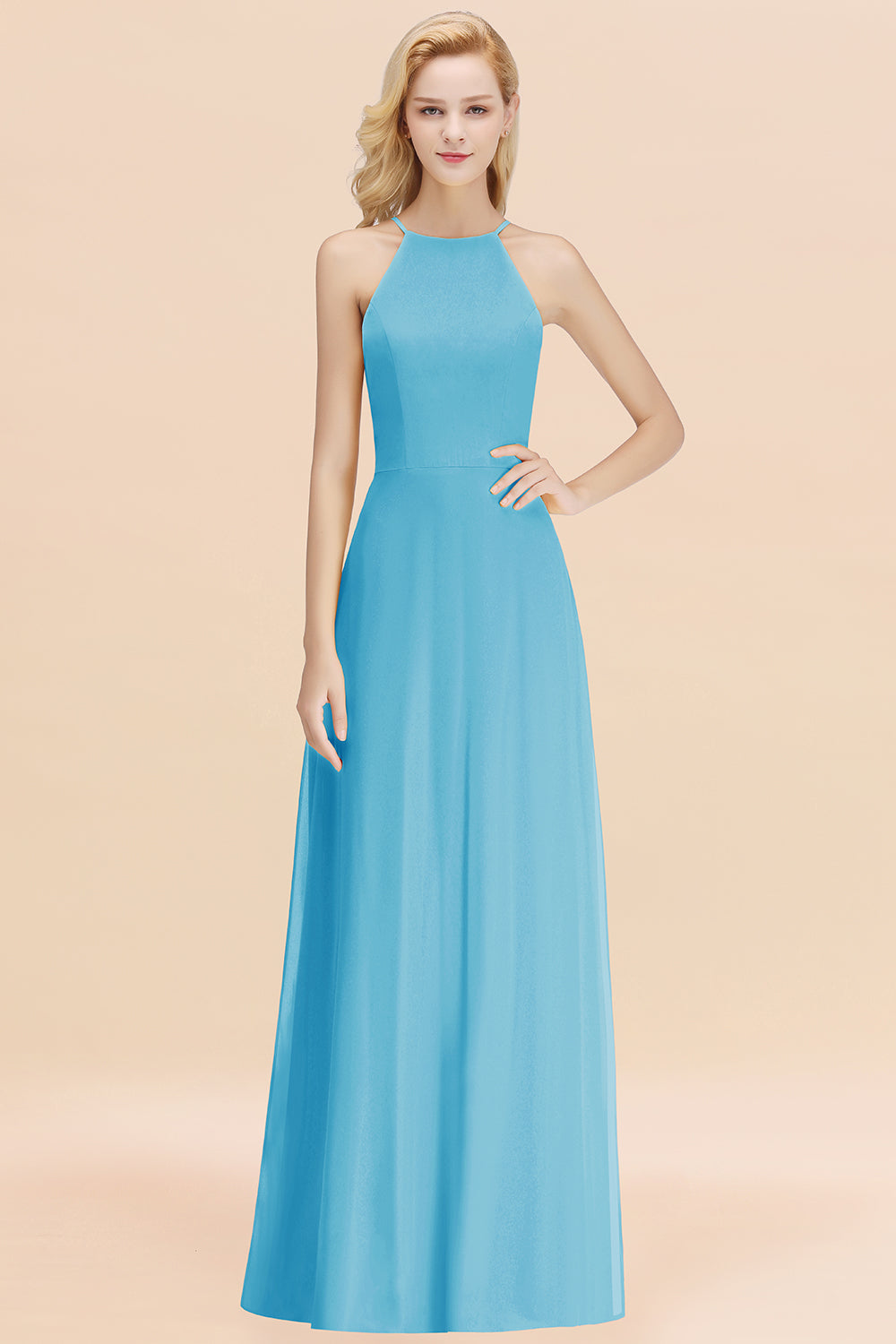 Modest High-Neck Yellow Chiffon Affordable Bridesmaid Dresses Online