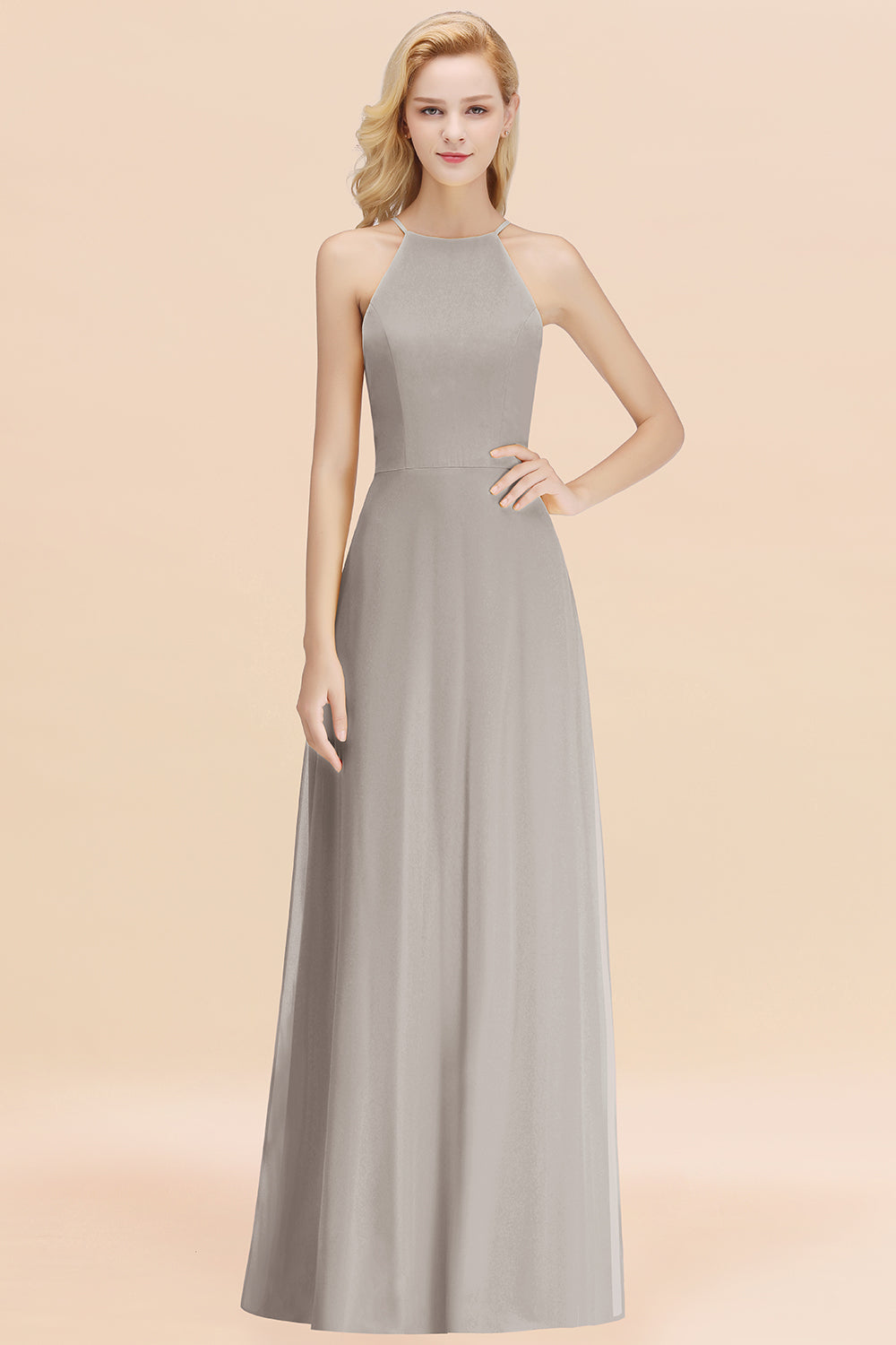 Modest High-Neck Yellow Chiffon Affordable Bridesmaid Dresses Online