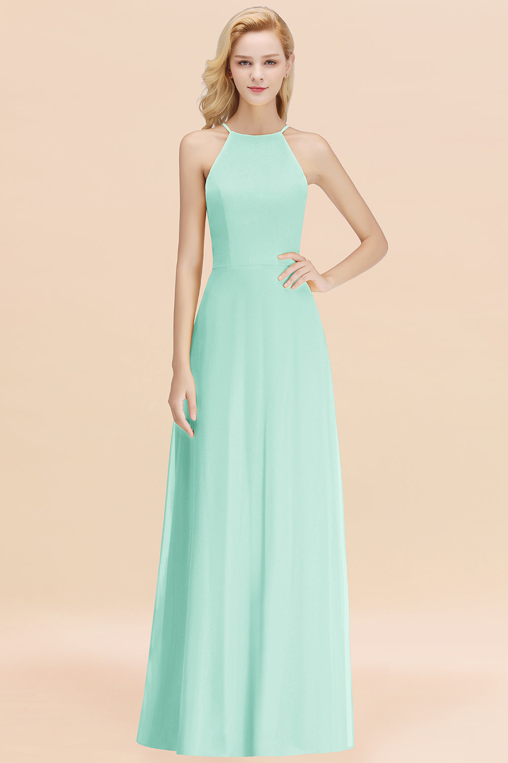 Modest High-Neck Yellow Chiffon Affordable Bridesmaid Dresses Online