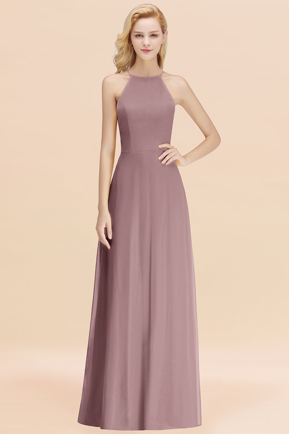 Modest High-Neck Yellow Chiffon Affordable Bridesmaid Dresses Online