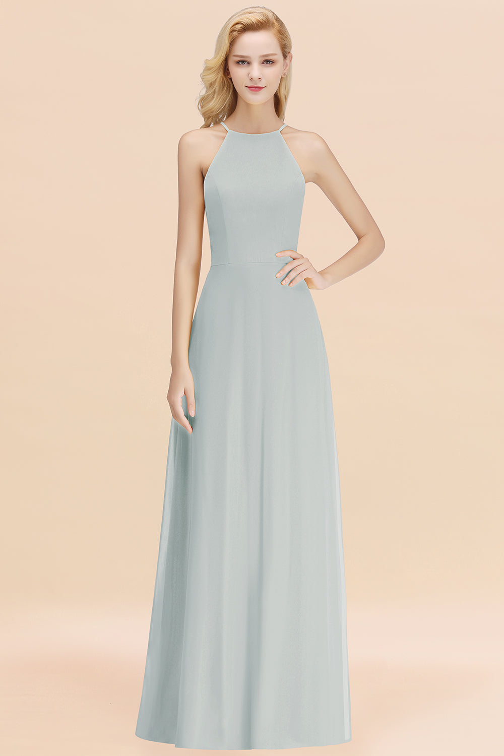 Modest High-Neck Yellow Chiffon Affordable Bridesmaid Dresses Online