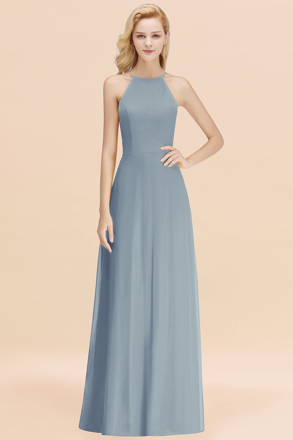 Modest High-Neck Yellow Chiffon Affordable Bridesmaid Dresses Online