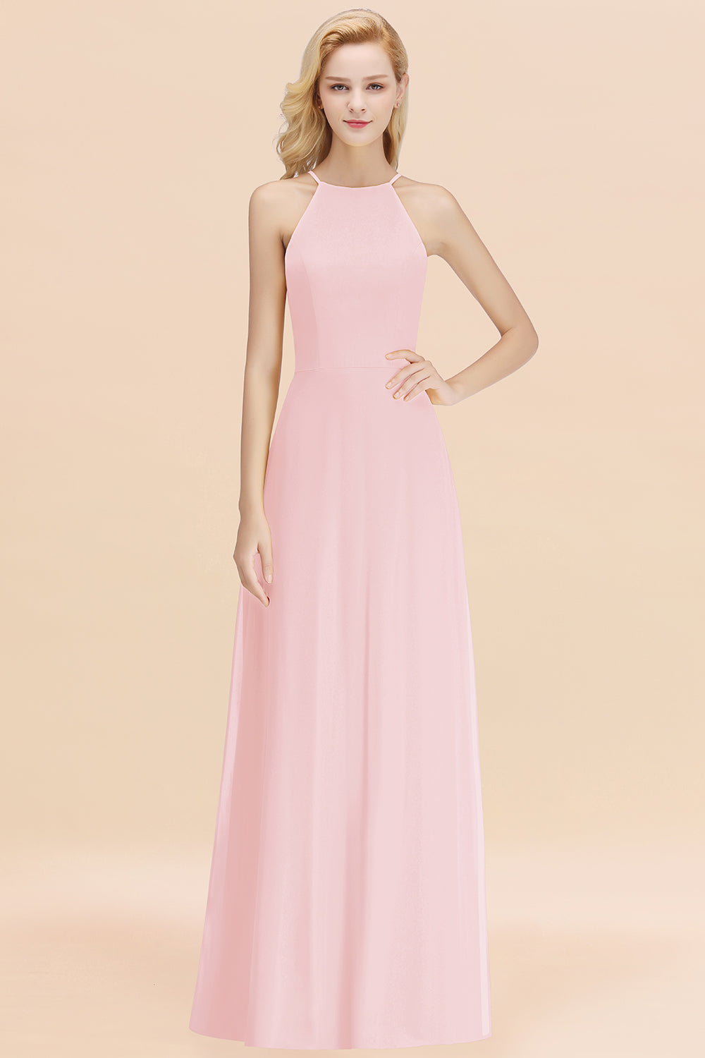 Modest High-Neck Yellow Chiffon Affordable Bridesmaid Dresses Online