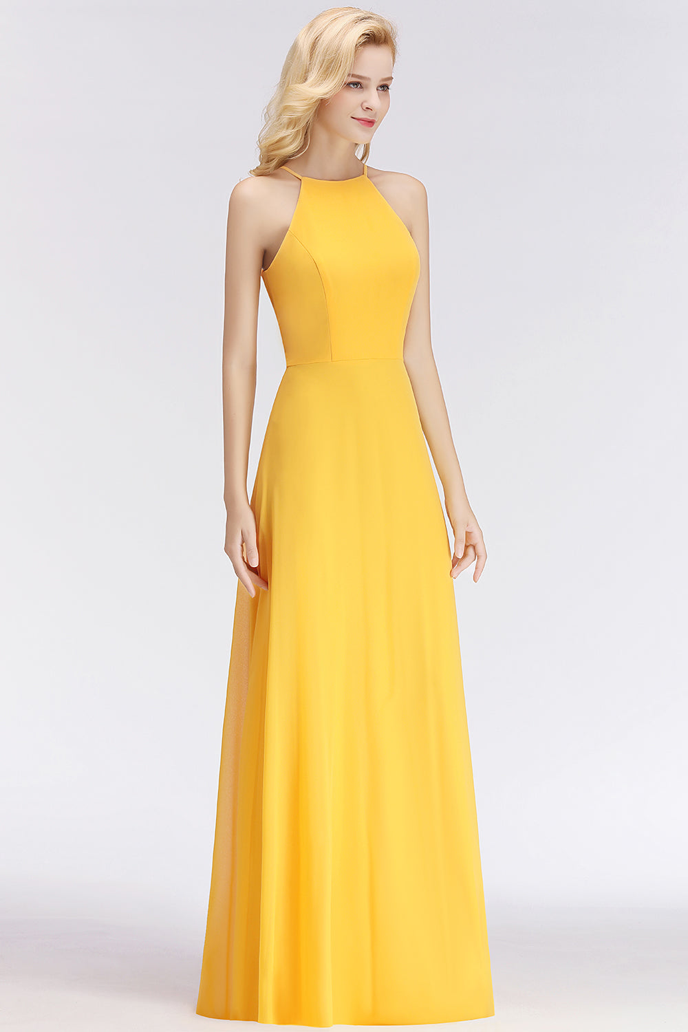 Modest High-Neck Yellow Chiffon Affordable Bridesmaid Dresses Online