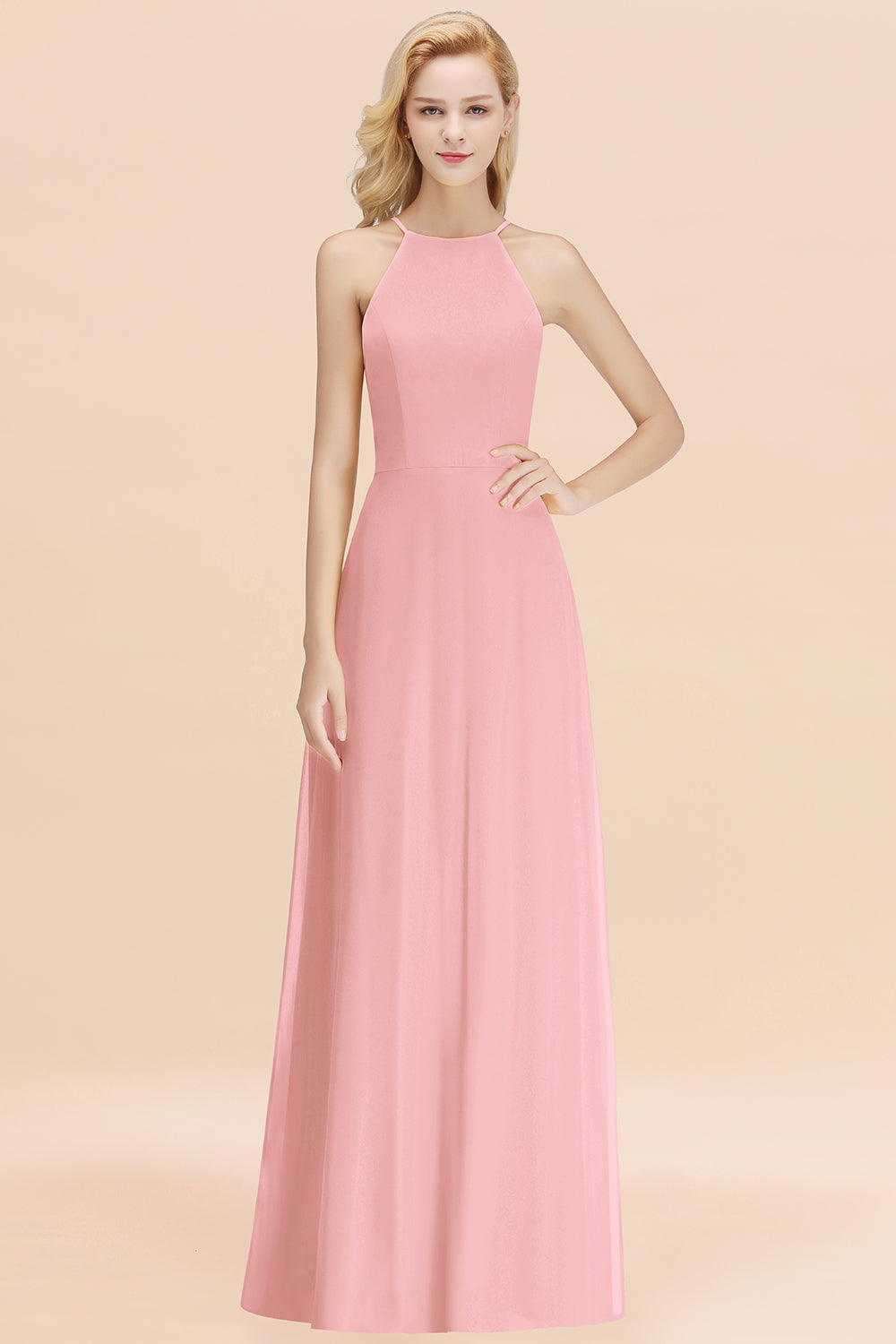 Modest High-Neck Yellow Chiffon Affordable Bridesmaid Dresses Online