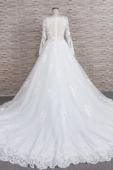 Modest Jewel Longsleeves A-line Wedding Dresses White Tulle Lace Bridal Gowns With Appliques On Sale