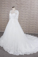 Modest Jewel Longsleeves A-line Wedding Dresses White Tulle Lace Bridal Gowns With Appliques On Sale