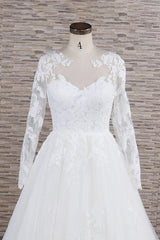 Modest Jewel Longsleeves A-line Wedding Dresses White Tulle Lace Bridal Gowns With Appliques On Sale