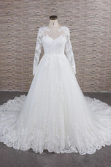 Modest Jewel Longsleeves A-line Wedding Dresses White Tulle Lace Bridal Gowns With Appliques On Sale