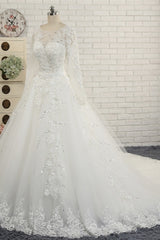 Modest Jewel Longsleeves White Wedding Dresses A-line Tulle Ruffles Bridal Gowns On Sale