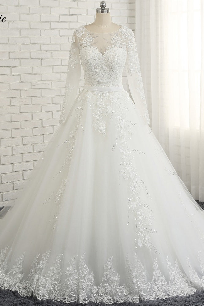 Modest Jewel Longsleeves White Wedding Dresses A-line Tulle Ruffles Bridal Gowns On Sale