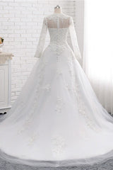 Modest Jewel White Tulle Lace Wedding Dress Long Sleeves Appliques A-Line Bridal Gowns On Sale