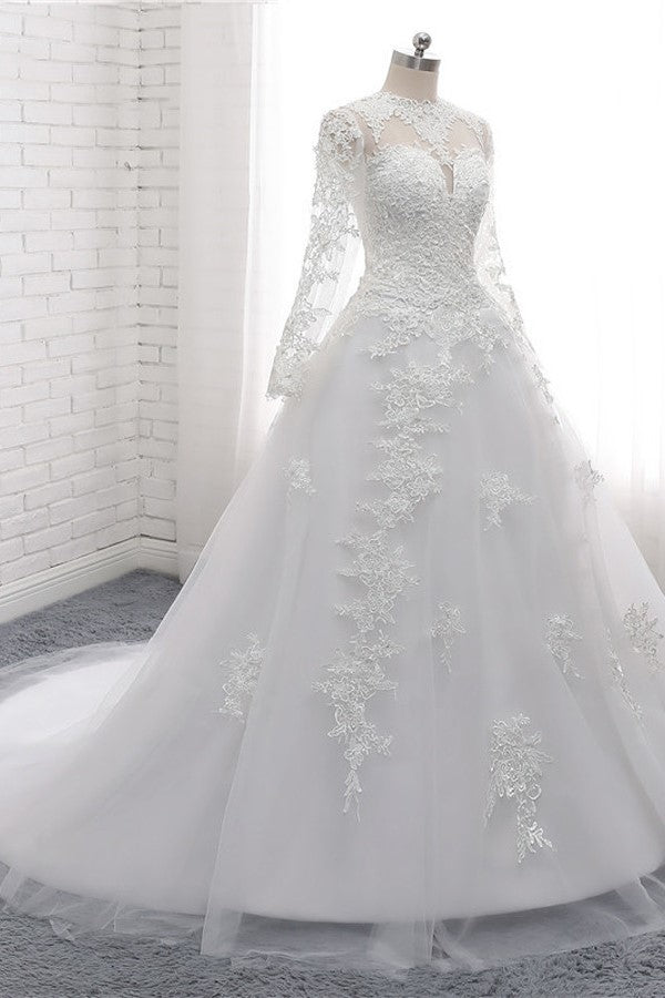 Modest Jewel White Tulle Lace Wedding Dress Long Sleeves Appliques A-Line Bridal Gowns On Sale