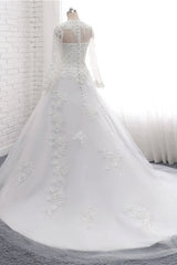 Modest Jewel White Tulle Lace Wedding Dress Long Sleeves Appliques A-Line Bridal Gowns On Sale