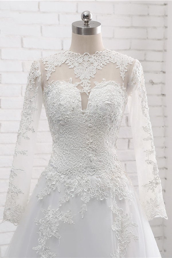 Modest Jewel White Tulle Lace Wedding Dress Long Sleeves Appliques A-Line Bridal Gowns On Sale