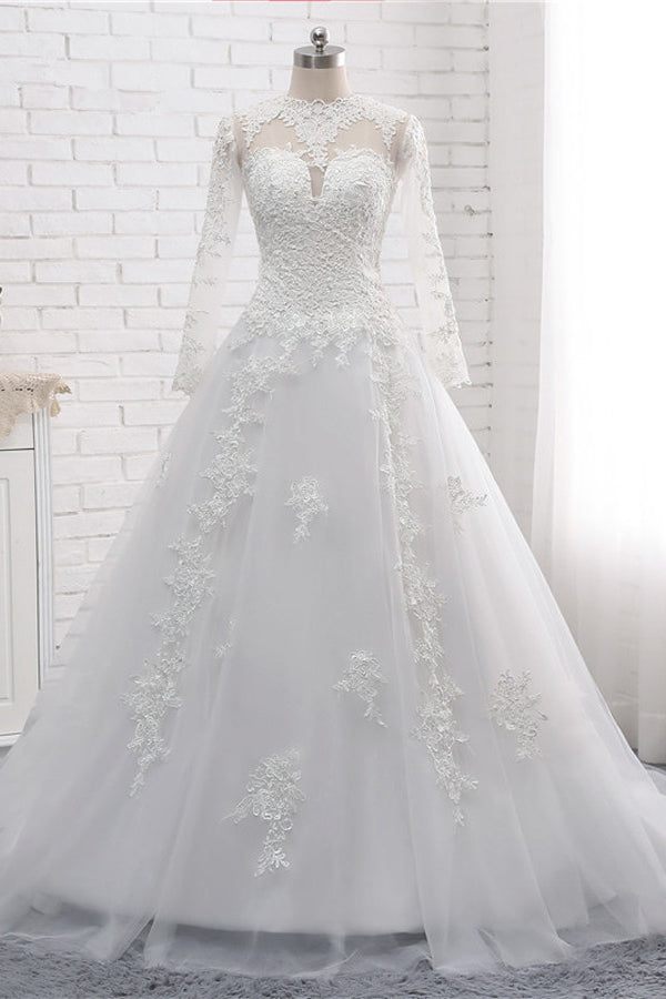 Modest Jewel White Tulle Lace Wedding Dress Long Sleeves Appliques A-Line Bridal Gowns On Sale