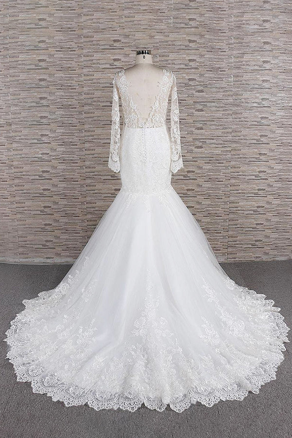 Modest Longsleeves jewel Mermaid Wedding Dresses White Tulle Lace Bridal Gowns With Appliques Online