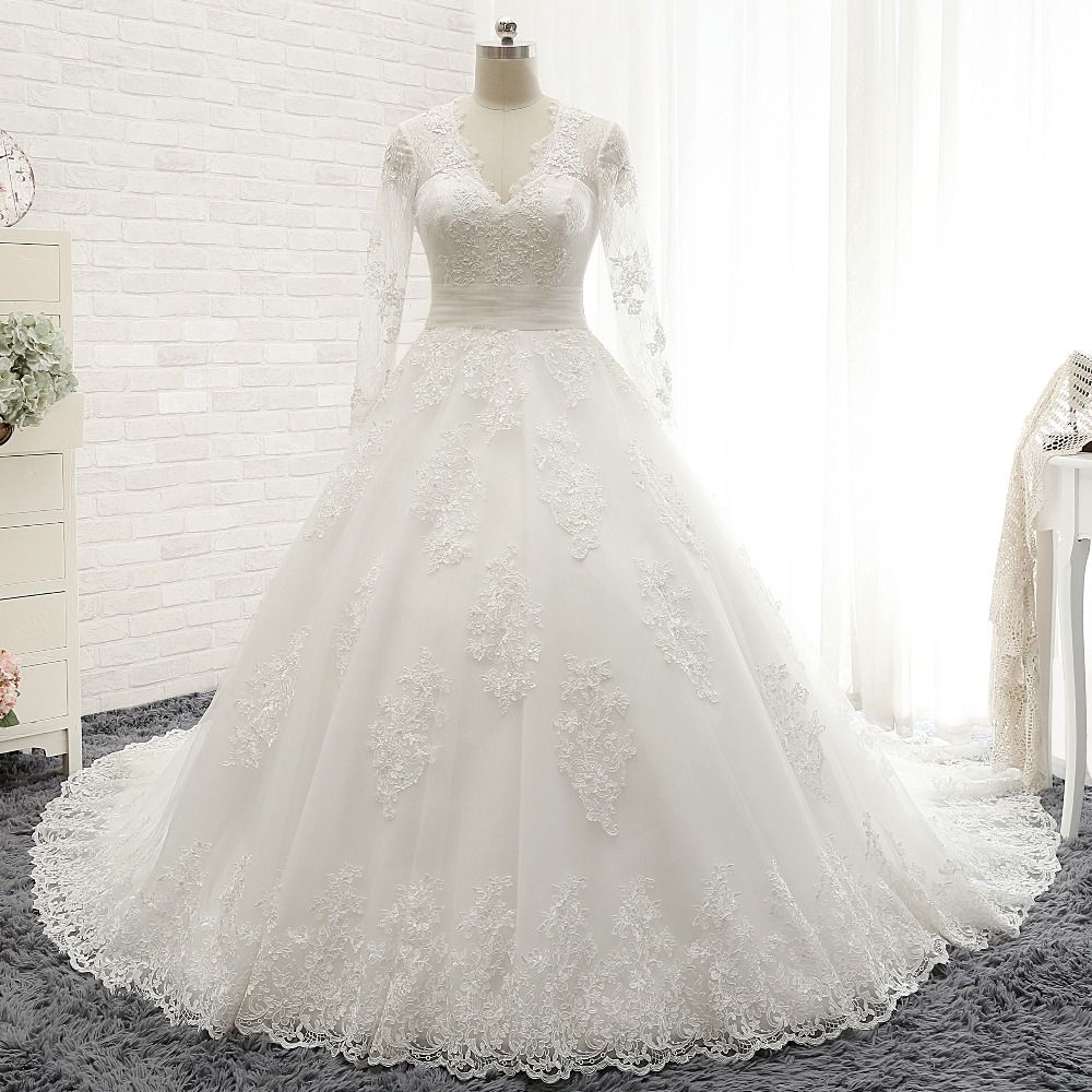 Modest Longsleeves V-neck Lace Wedding Dresses White Tulle A-line Bridal Gowns With Appliques Online