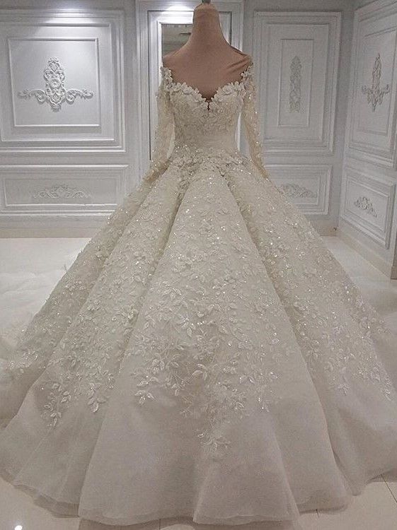 Modest Longsleeves White A-line Wedding Dresses Tulle Ruffles Bridal Gowns With Appliques Online