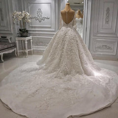 Modest Longsleeves White A-line Wedding Dresses Tulle Ruffles Bridal Gowns With Appliques Online