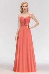 Modest Spaghetti-Straps Ruffle Affordable Bridesmaid Dress with Appliques