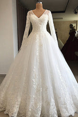 Modest V-neck Longsleeves White Wedding Dresses With Appliques A-line Tulle Ruffles Bridal Gowns On Sale