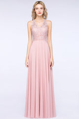 Modest V-Neck Sleeveless Pink Affordable Bridesmaid Dresses Lace