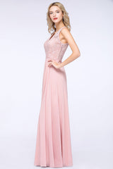 Modest V-Neck Sleeveless Pink Affordable Bridesmaid Dresses Lace