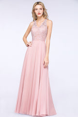 Modest V-Neck Sleeveless Pink Affordable Bridesmaid Dresses Lace