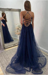 Navy Blue Halter Front Slit Spaghetti Straps A-Line Tulle Prom Gown