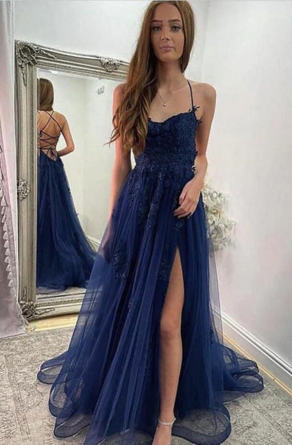 Navy Blue Halter Front Slit Spaghetti Straps A-Line Tulle Prom Gown