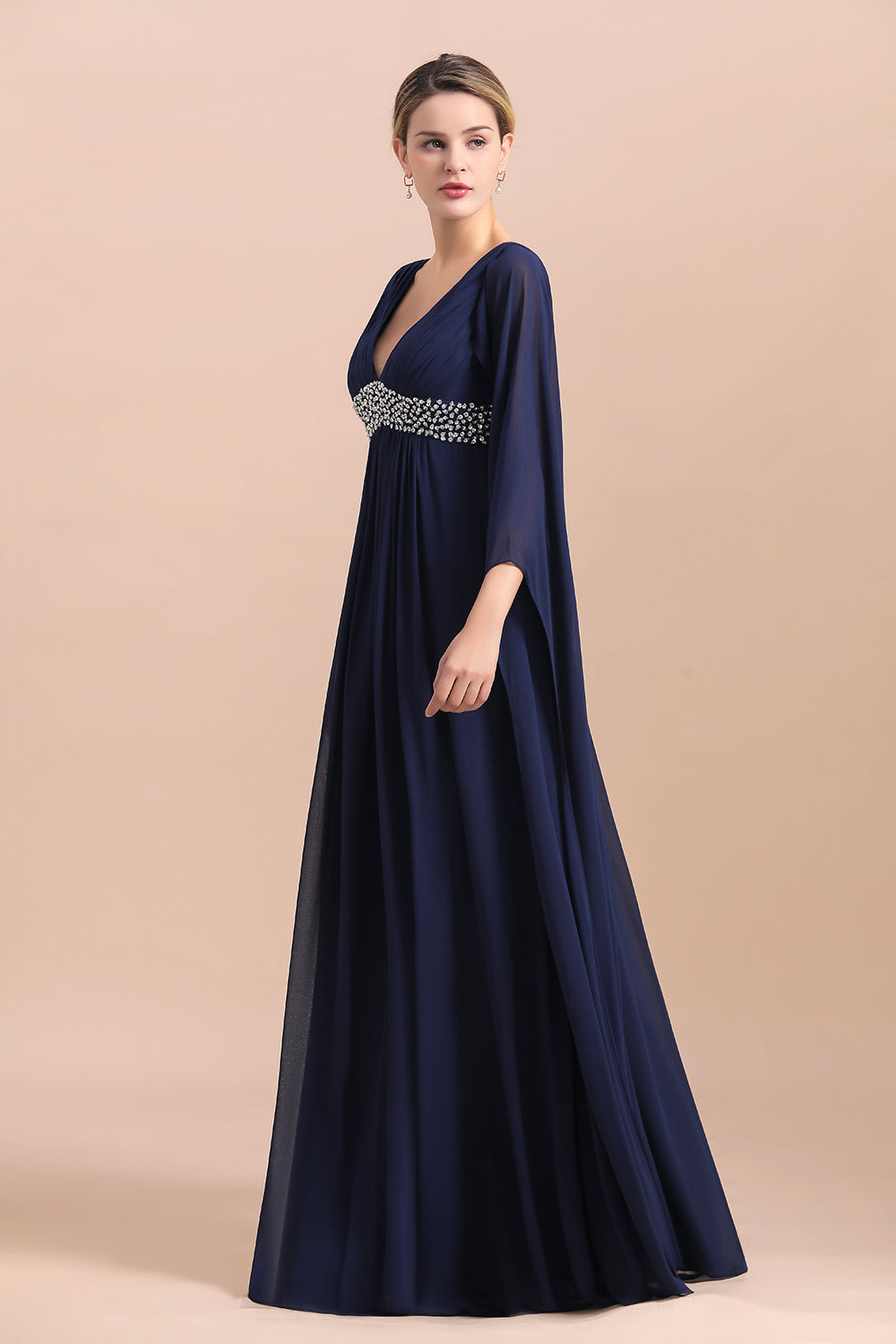 Navy Long Sleeve Chiffon Mother Of the Bride Dress With Ruffles Online
