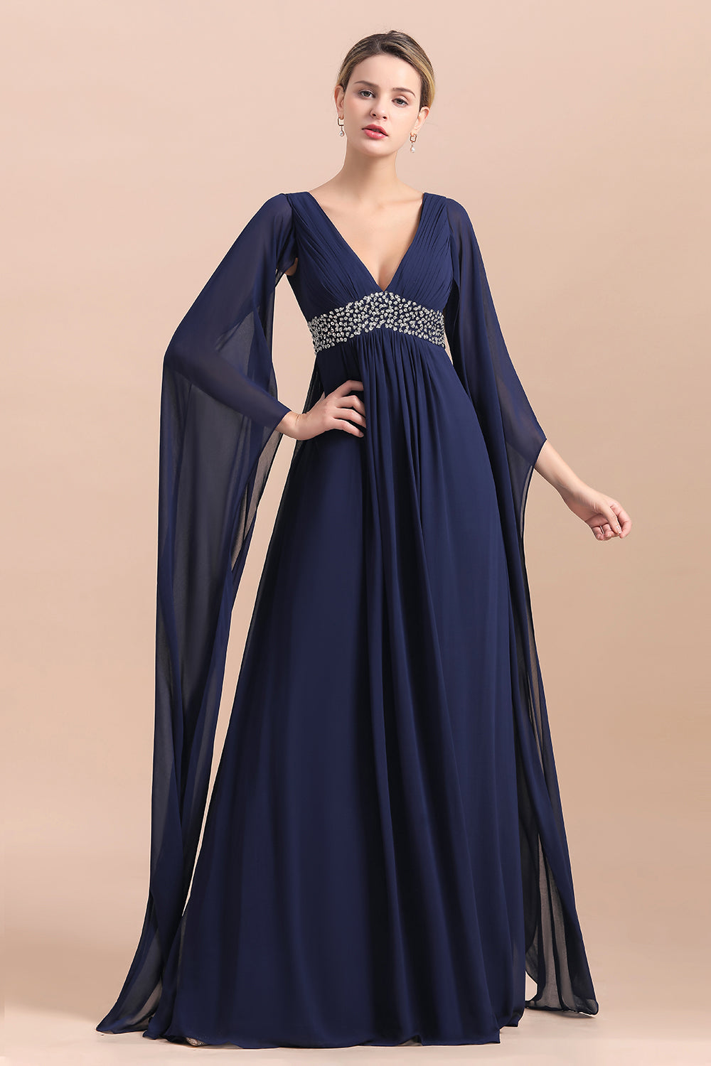 Navy Long Sleeve Chiffon Mother Of the Bride Dress With Ruffles Online