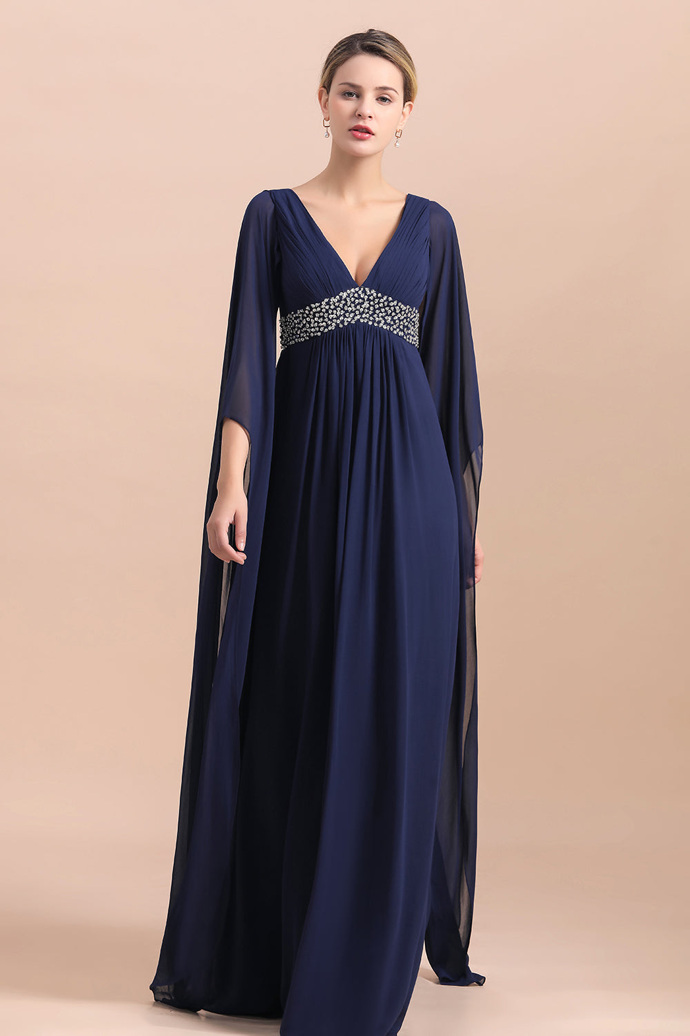 Navy Long Sleeve Chiffon Mother Of the Bride Dress With Ruffles Online