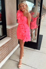 Hot Pink One-Shoulder Ruffled Short Homecoming Dress