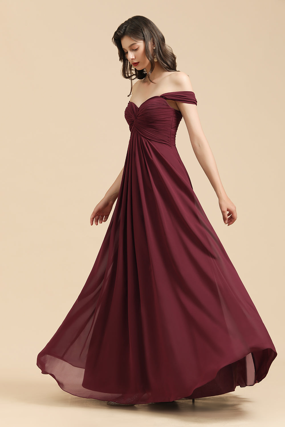 New Arrival A-line Off-the-shoulder Sweetheart Burgundy Long Bridesmaid Dress