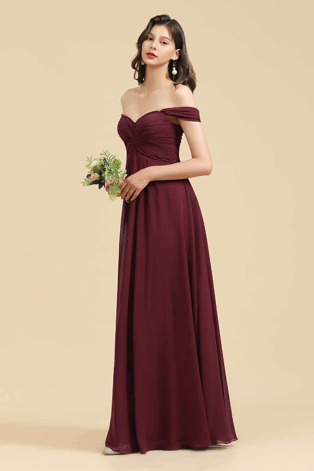 New Arrival A-line Off-the-shoulder Sweetheart Burgundy Long Bridesmaid Dress