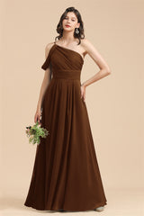 New Arrival Black One Shoulder A-line Long Bridesmaid Dress