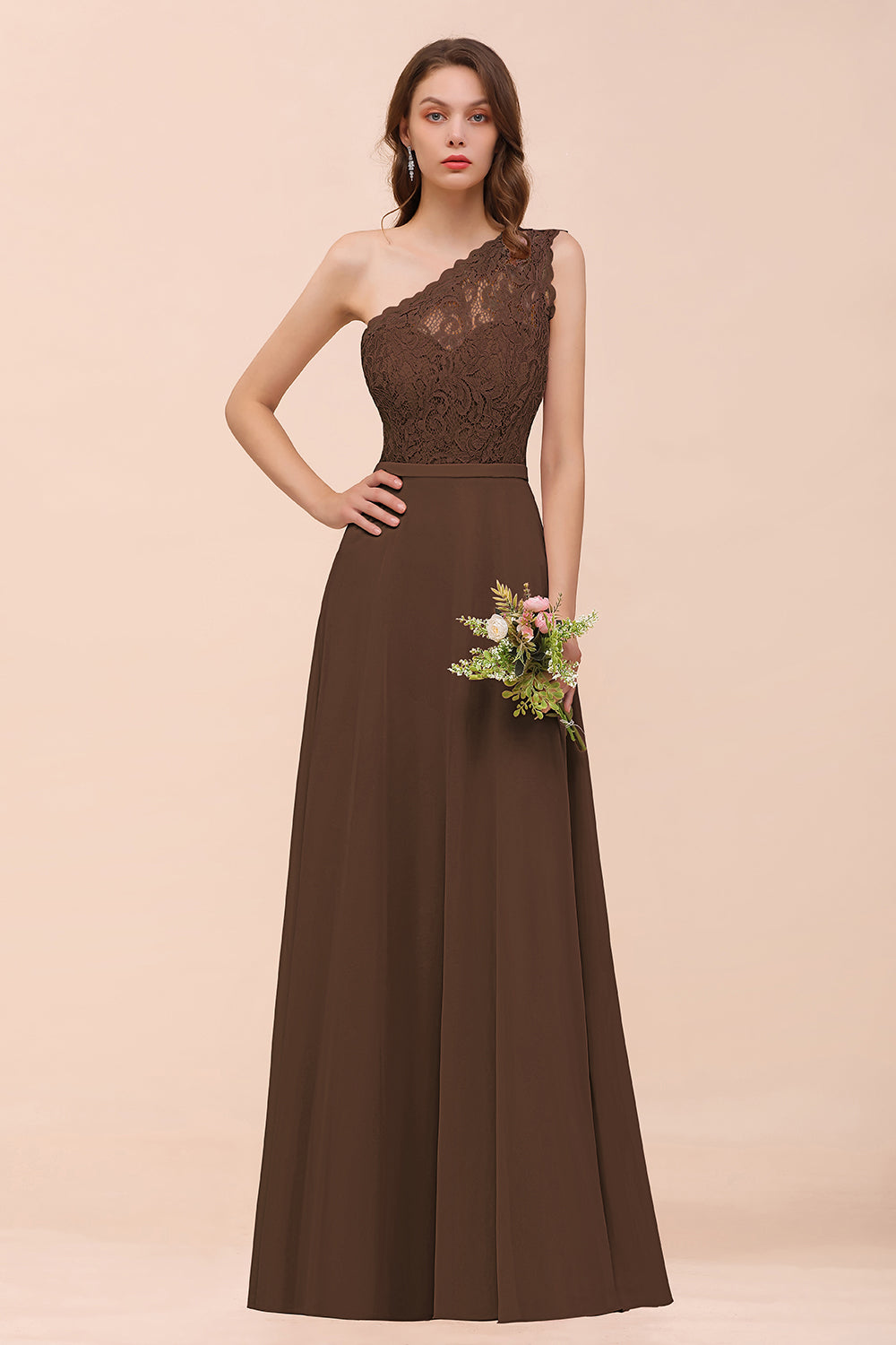 New Arrival Dusty Rose One Shoulder Lace Long Bridesmaid Dress