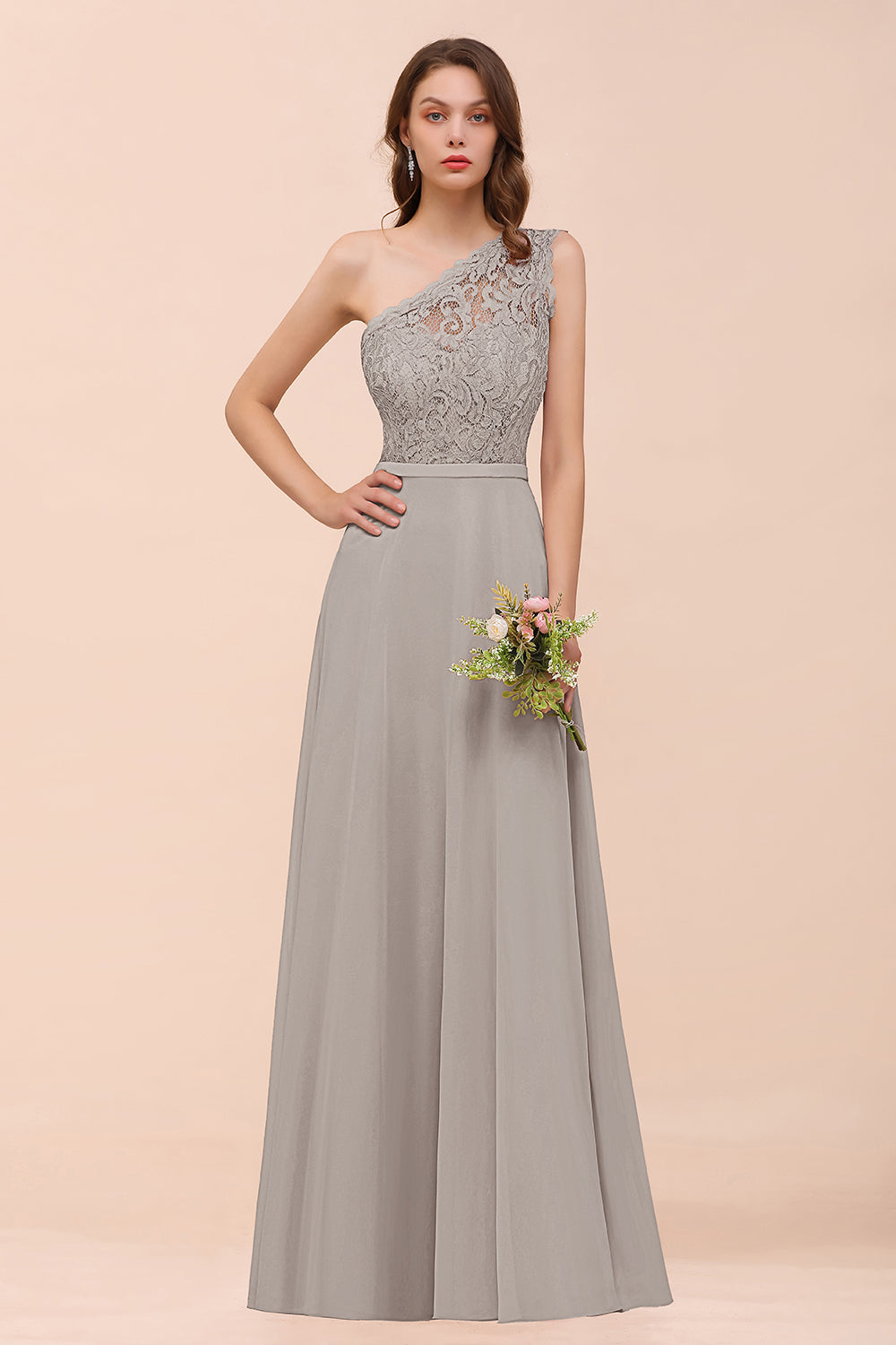 New Arrival Dusty Rose One Shoulder Lace Long Bridesmaid Dress