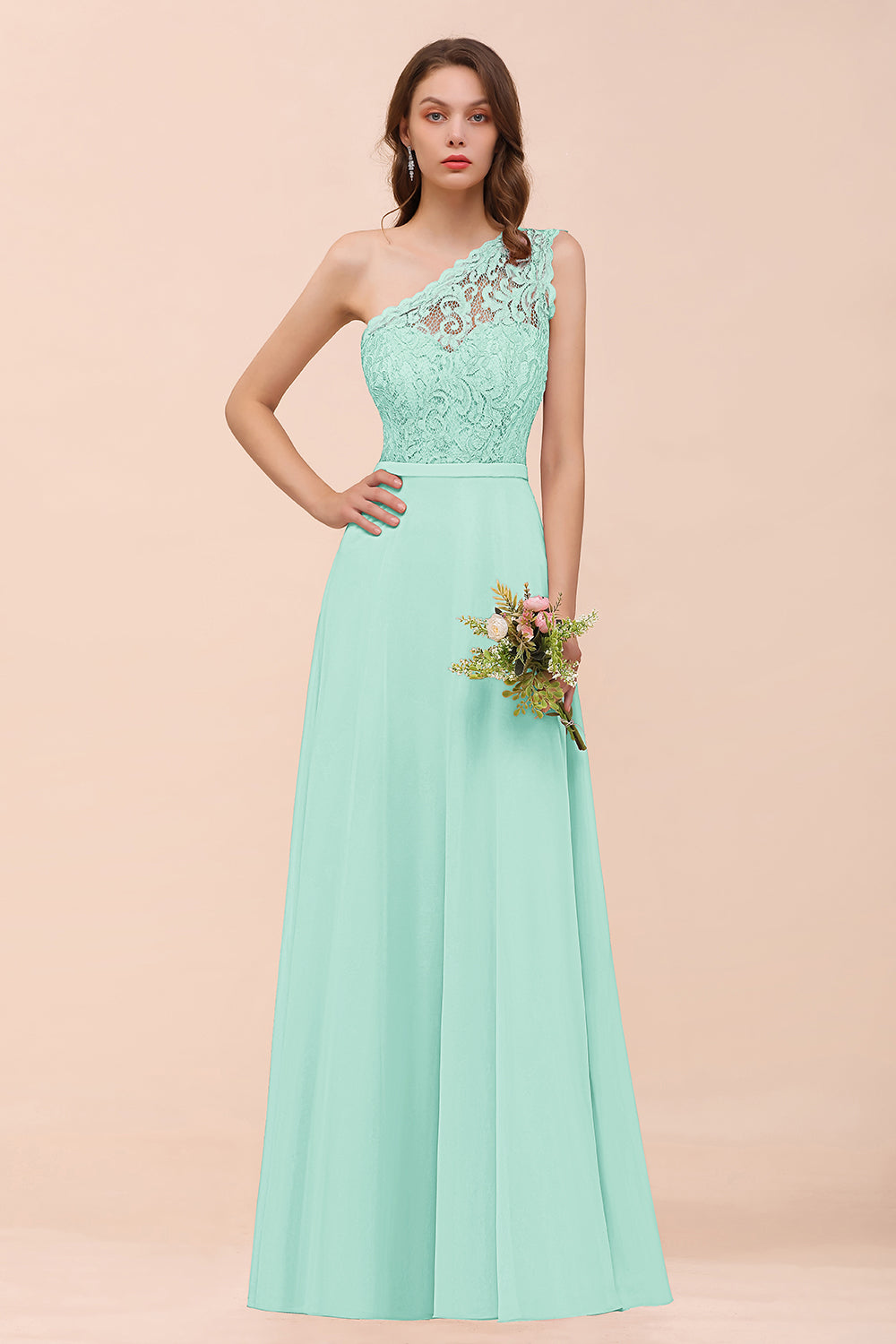 New Arrival Dusty Rose One Shoulder Lace Long Bridesmaid Dress