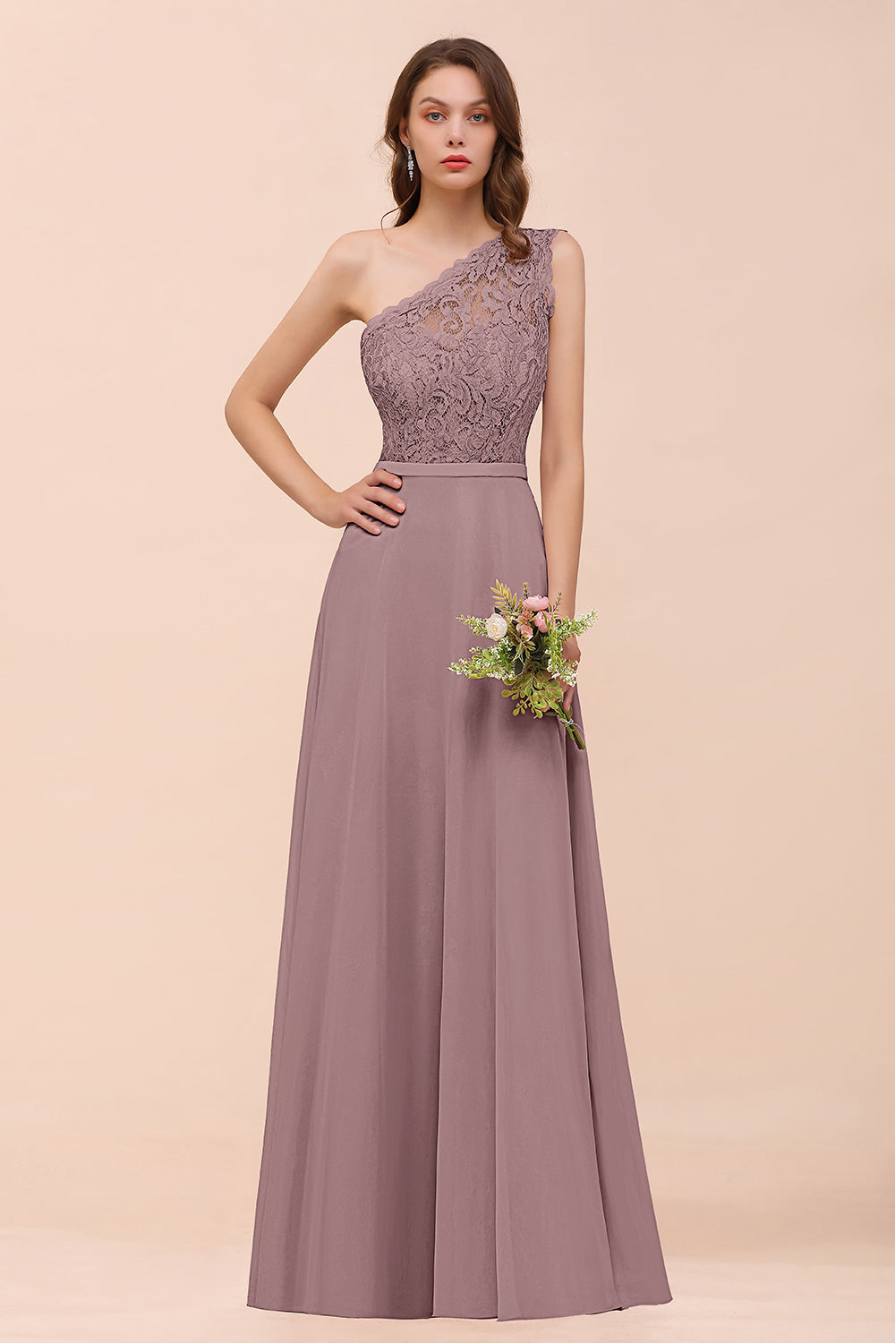 New Arrival Dusty Rose One Shoulder Lace Long Bridesmaid Dress