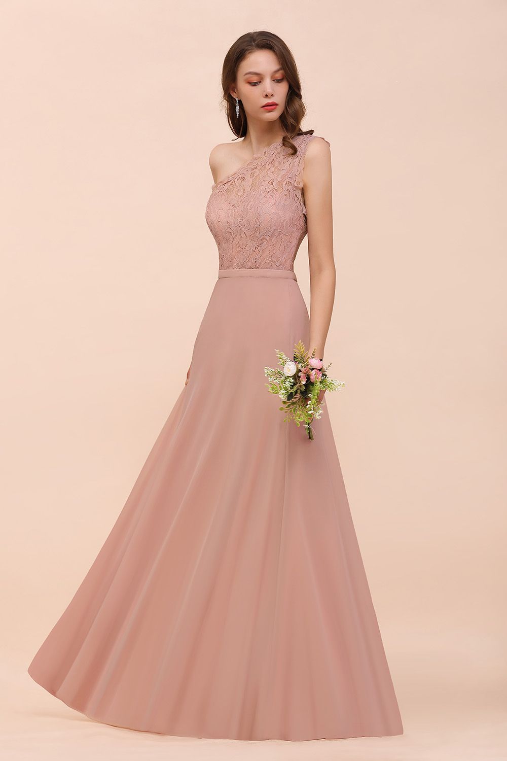 New Arrival Dusty Rose One Shoulder Lace Long Bridesmaid Dress