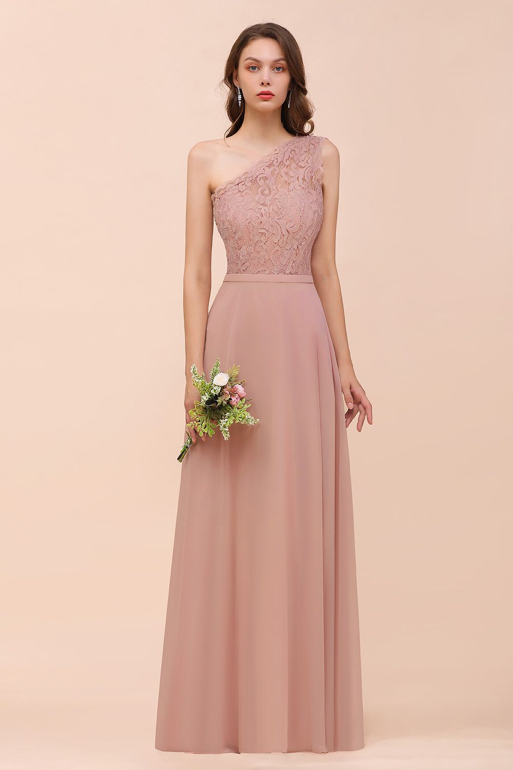 New Arrival Dusty Rose One Shoulder Lace Long Bridesmaid Dress