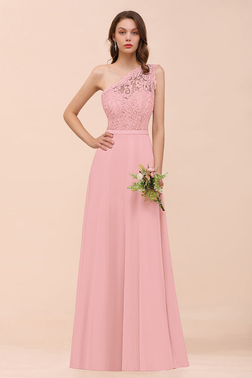 New Arrival Dusty Rose One Shoulder Lace Long Bridesmaid Dress