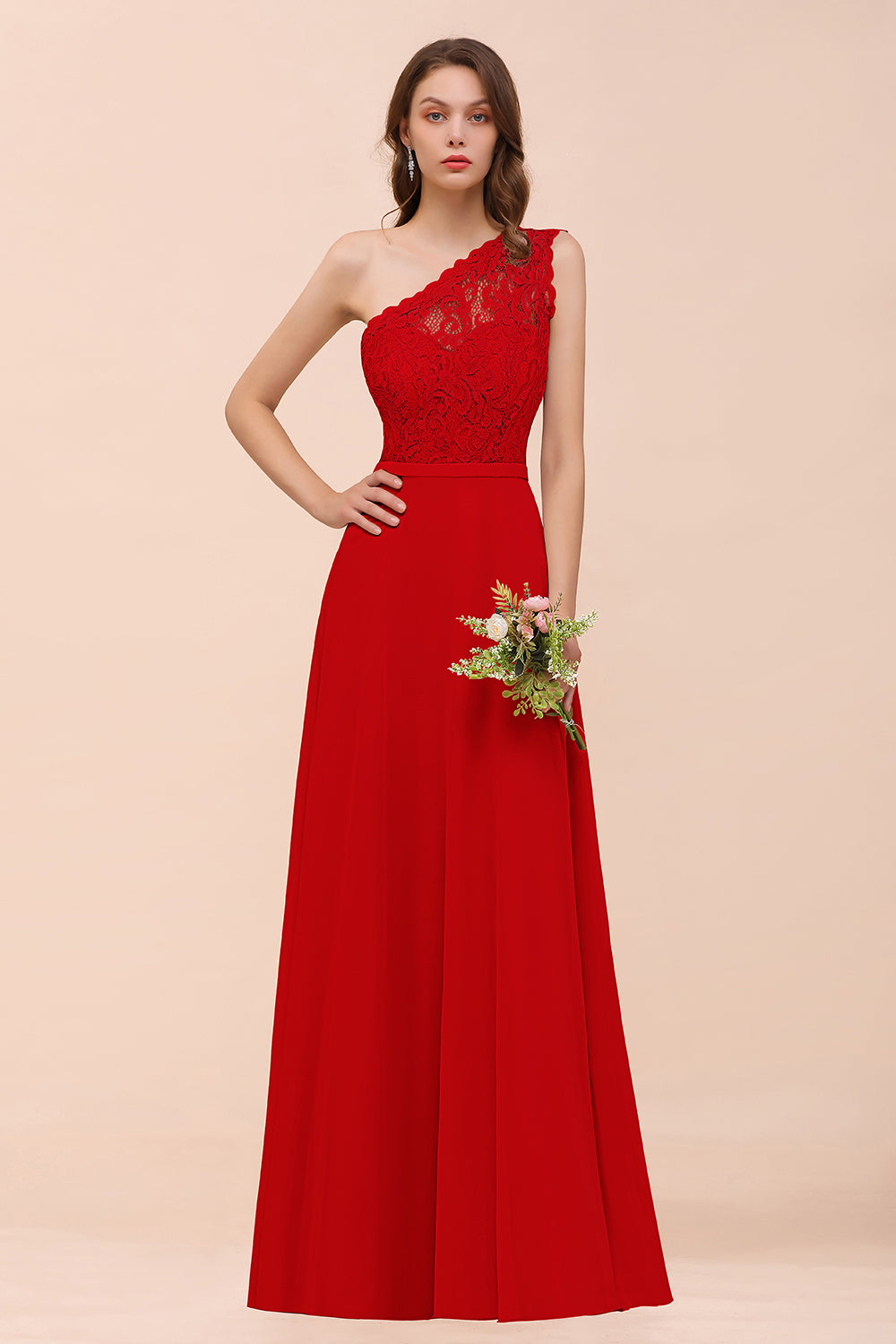 New Arrival Dusty Rose One Shoulder Lace Long Bridesmaid Dress