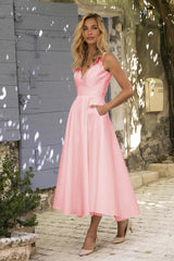  Pink Sleeveless Prom Dress Long Tea-Length With Pockets